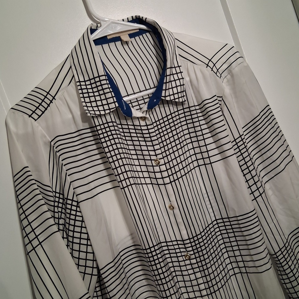 Banana Republic Button Down Women L White Plaid Long Sleeve Workwear Career